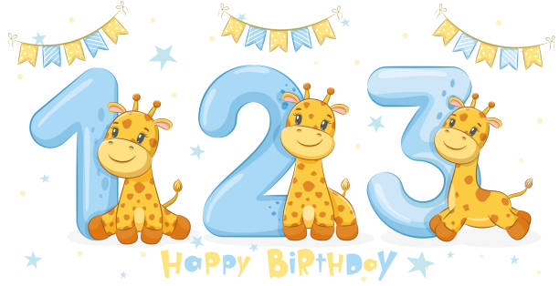 illustrazioni stock, clip art, cartoni animati e icone di tendenza di collezione di 3 simpatiche giraffe "buon compleanno, 1,2,3 anni". illustrazione vettoriale di un cartone animato. - first birthday