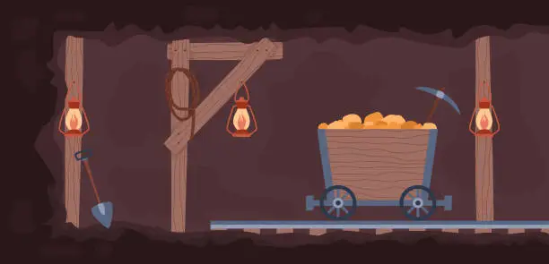 Vector illustration of Old gold mine with cart full of gold and pickaxes, flat vector illustration.
