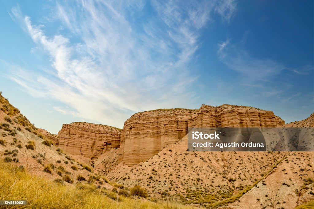 Desert of the Unesco Global Geopark of Granada. Badlands of the Coloraos. Granada Desert. Arid Climate Stock Photo