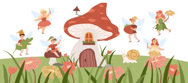 Vector illustration of Fairy landscape with pixies flying around mushroom shaped house, cartoon vector illustration.