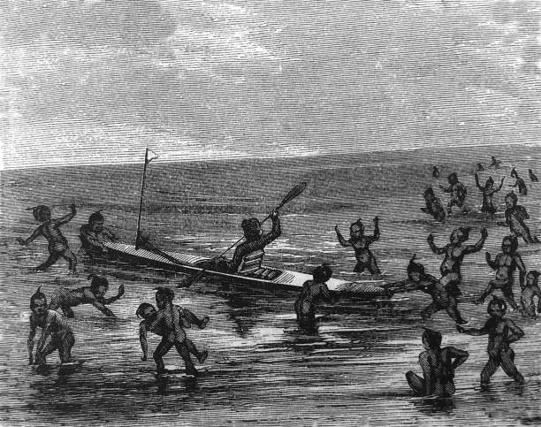 istock Antique illustration - Harper's Magazine - man in canoe surrounded by Indigenous people entering the water - Rob Roy 1345861465