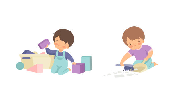 Cute Boy Doing Housework and Housekeeping Picking Up Toys and Sweeping Floor Vector Set Cute Boy Doing Housework and Housekeeping Picking Up Toys and Sweeping Floor Vector Set. Little Child Engaged in Domestic Chores and Duty Concept kids cleaning up toys stock illustrations