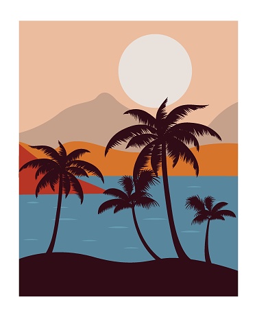 Landscape with palm trees, mountains and sea. Vector illustration