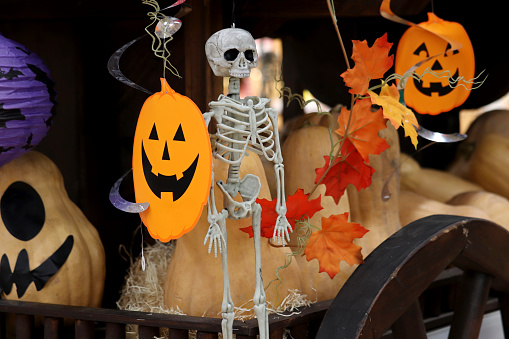 Skeleton, autumn leaves and pumpkins in a wooden cart
