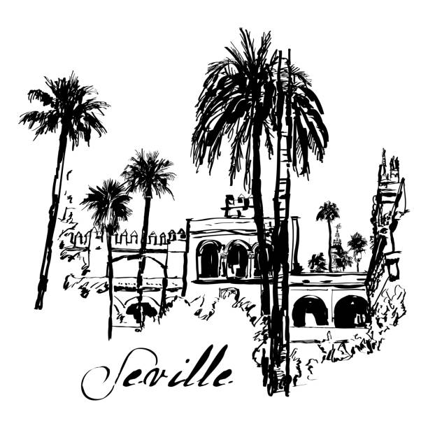 ilustrações de stock, clip art, desenhos animados e ícones de indian ink drawing representing a view of seville in spain - alcazar palace