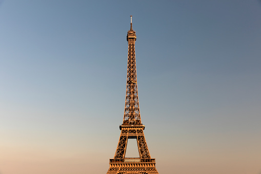 View of the Eiffel Tower and clear sky in Paris, France.