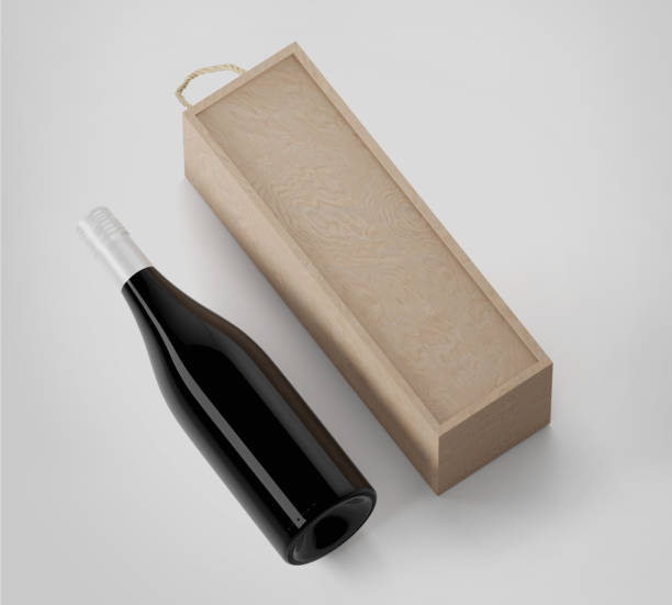 istock Wine Bottle Mockup with wood box, Red wine with white wrapper, 3d rendered isolated on light gray background 1345868800