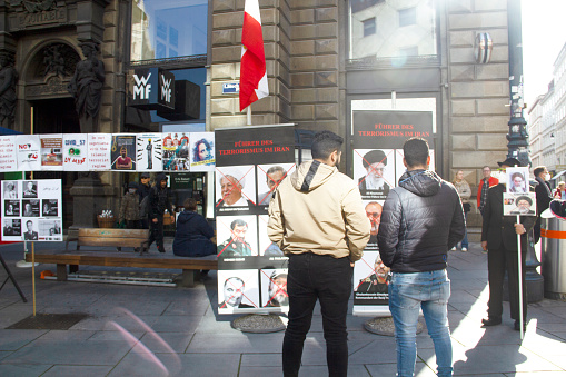 Street Poster Exhibition Showcasing Iranian Culture, History and Current Politics in Stock-im-Eisen-Platz Square, Part of Stephansplatz Square, in Vienna City Center, Austria, Europe in October 2021