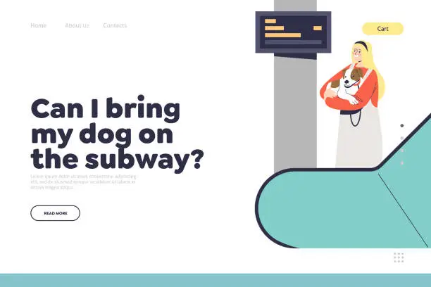 Vector illustration of Dog on subway concept of landing page with girl holding pet dog on escalator riding to underground