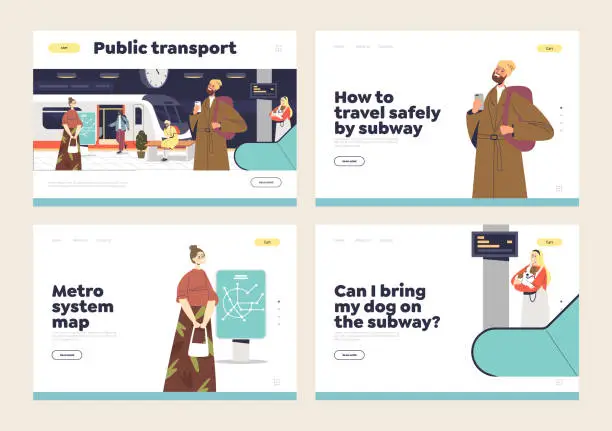 Vector illustration of Travel on public transport concept of landing page set with people using metro and waiting for train