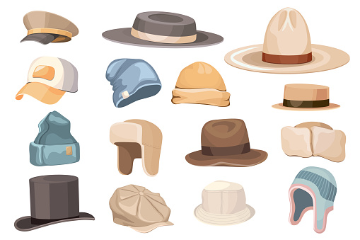 Set of Classic and Modern Male Beanie, Trapper, Top Hat Cylinder, The Poor Boy, Boater and Panama and Baseball or Cowboy Caps, Knitted Winter Headwear Isolated Men Fashion. Cartoon Vector Illustration
