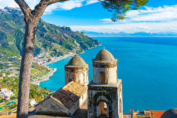 Ravello, Italy Ravello, a resort town set above the Tyrrhenian Sea by Italy\'s Amalfi Coast, is home to iconic cliffside gardens. The 13th-century, Moorish-style Villa Rufolo offers far-reaching views from its terraced gardens, ravello stock pictures, royalty-free photos & images