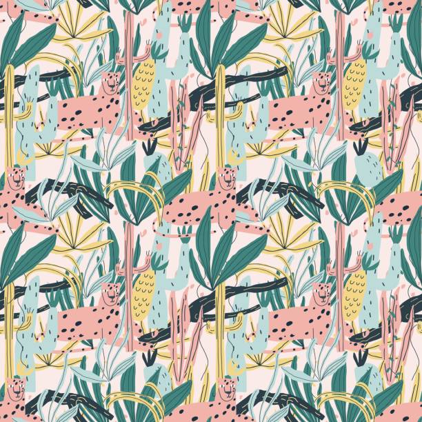 Vector seamless pattern with leopard, exotic plants, jungle leaves, snags Vector seamless pattern with leopard, exotic plants, jungle leaves, snags.Template for paper, cover print design cute cheetah print cartoon stock illustrations