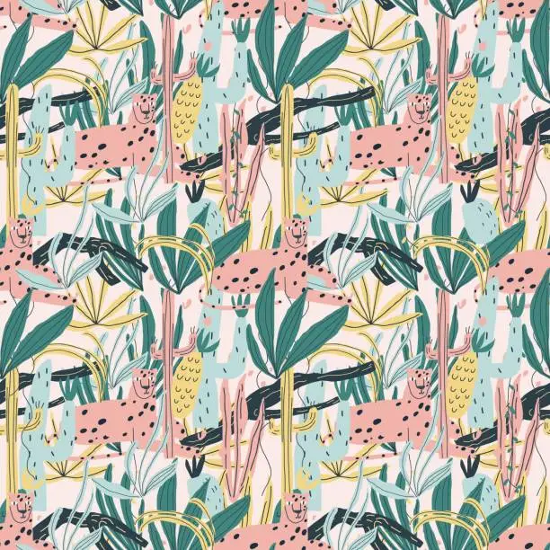 Vector illustration of Vector seamless pattern with leopard, exotic plants, jungle leaves, snags