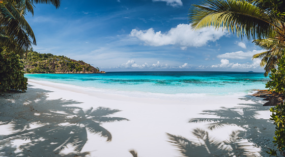 Idyllic perfect tropical dream beach. Powdery white sand, crystal-clear water, summertime vacation Seychelles.