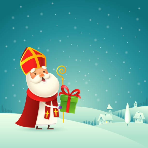 Cute Saint Nicholas - Sinterklaas with gift is coming to town - winter night landscape Cute Saint Nicholas - Sinterklaas with gift is coming to town - winter night landscape sinterklaas nederland stock illustrations