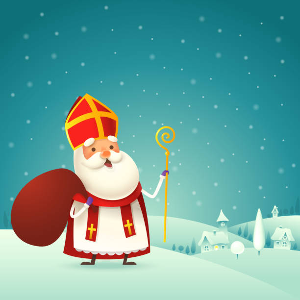 stockillustraties, clipart, cartoons en iconen met cute saint nicholas - sinterklaas with gift is coming to town - winter night landscape - sinterklaas cadeaus