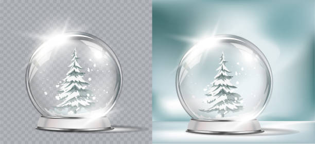 Vector realistic transparent globe and Christmas tree on a light abstract background. Christmas decoration. Glass sphere and sparkling translucent crystals Vector realistic transparent globe and Christmas tree on a light abstract background. Christmas decoration. Glass sphere and sparkling translucent crystals crystalline inclusion complex stock illustrations