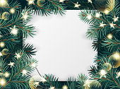 istock Vector Christmas square frame with tree branches, light garlands and white paper. Christmas decoration concept 1345874660