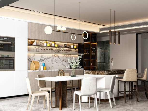 istock 3d render of luxury house kitchen dining room 1345874697
