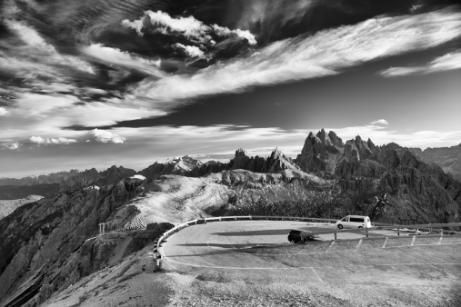 Free parking at the end of road. Last accessible point by car and only in Summer's months in Natural Park of Dolomites, Veneto, Italy. Black and White.