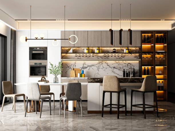 istock 3d render of luxury house kitchen dining room 1345875623