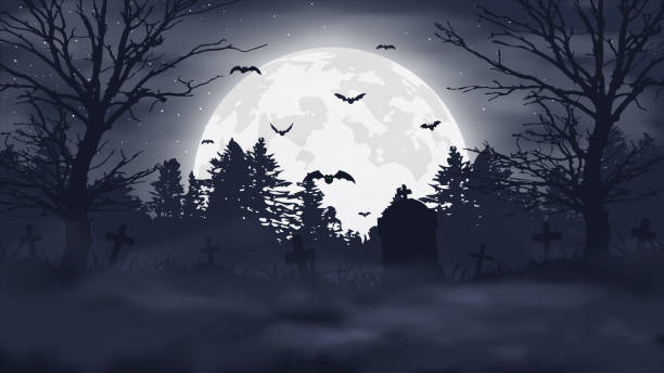 할로윈 밤 배경. 무서운 묘지와 보름달. 벡터 배너 - halloween stock illustrations