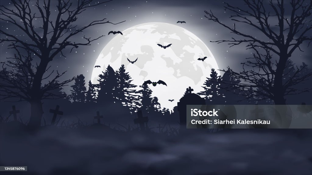 Halloween night background. Scary cemetery and full moon. Vector banner - Royalty-free Dia das Bruxas arte vetorial