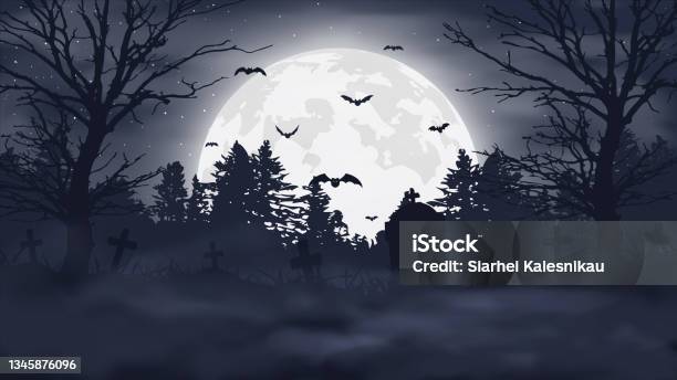 Halloween Night Background Scary Cemetery And Full Moon Vector Banner - Arte vetorial de stock e mais imagens de Dia das Bruxas