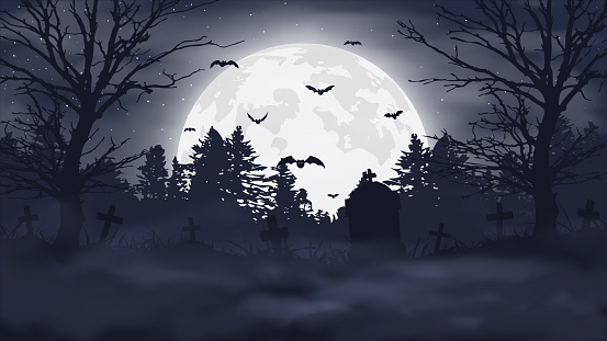 Halloween night background. Scary cemetery and full moon. Vector banner EPS10
