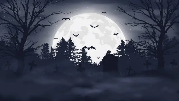 Vector illustration of Halloween night background. Scary cemetery and full moon. Vector banner