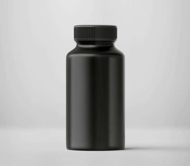 istock Black Matt Plastic Bottle Mockup for medicine, tablets, pills, realistic packaging box template 3d rendering isolated on light background. 1345877859