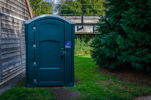 A plastic portable toilet sitting between a bush and a wooden structure