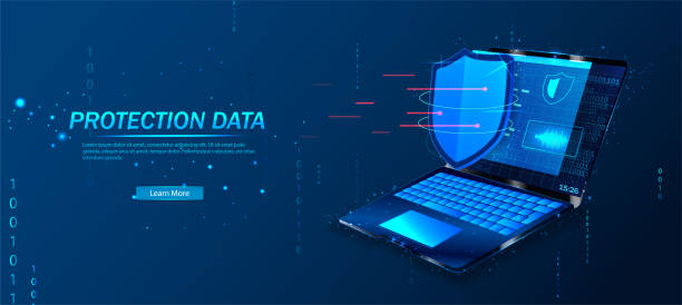 stockillustraties, clipart, cartoons en iconen met cyber security, data protection, cyberattacks concept on blue background. database security software development. online security concept. laptop protected with shield. vector illustration - data leak