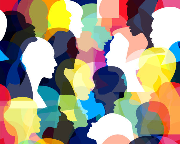 istock Abstract picture with human profile heads. Seamless pattern of a crowd of many different people. Vector background. 1345881867