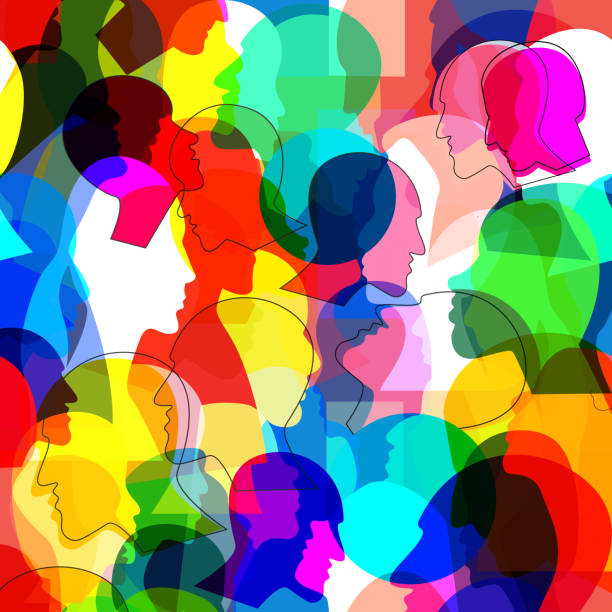 istock Abstract picture with human profile heads. Seamless pattern of a crowd of many different people. Vector background. 1345882970