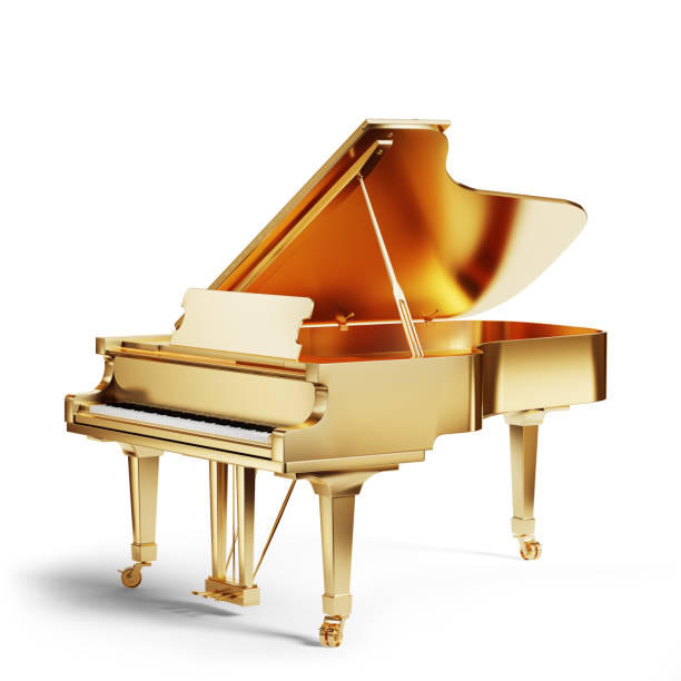 เปียโนแกรนด์สีทองบนพื้นหลังสีขาว 3d - grand piano ภาพสต็อก ภาพถ่ายและรูปภาพปลอดค่าลิขสิทธิ์