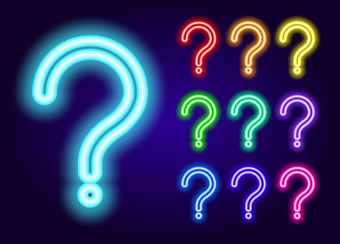 Neon Question mark. a set of multicolored glow-in-the-dark NEON question marks. set of red, blue, green and purple isolated contour. Ask help sign. Answer question sign.