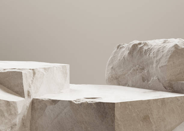 istock Beige pieces of stone wall. Stone slabs for product display background. 3d rendering 1345883442
