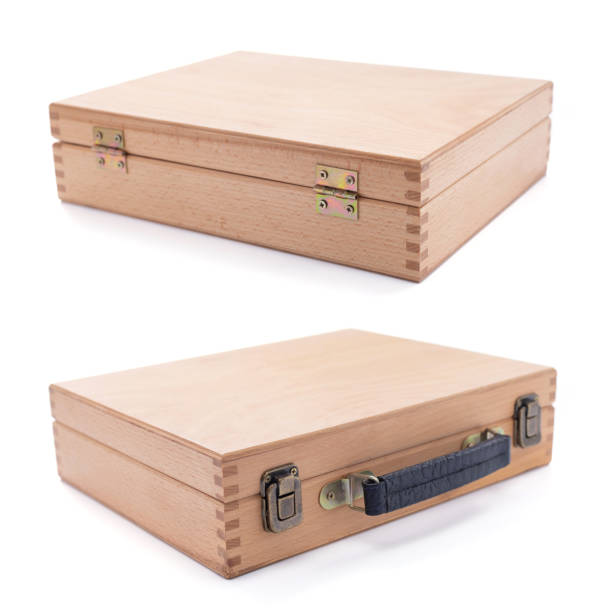istock Wooden box isolated at white background. Wood case 1345885856