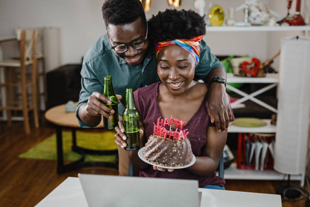 istock Online birthday celebration with friends at home 1345886546