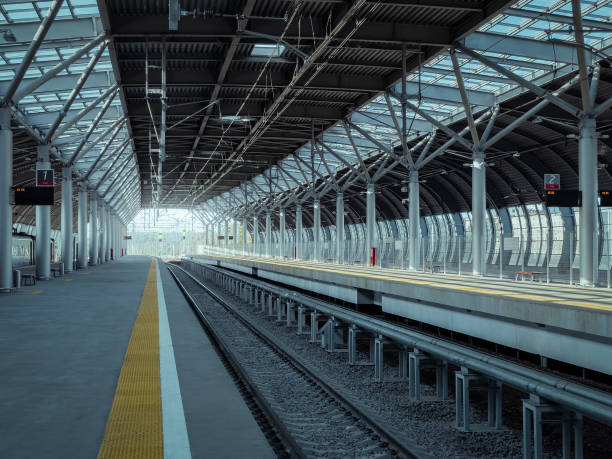 istock Railway station platform. Train travel background. Blue toned color 1345890627