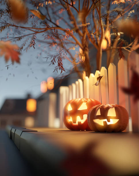 Halloween Street Decorations At Night Glowing Jack O Lantern Halloween pumpkin decorations at dusk outside on a suburban street pavement. 3D illustration. october stock pictures, royalty-free photos & images