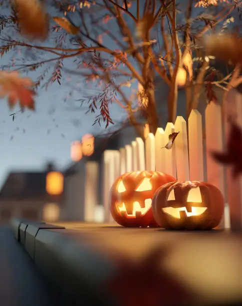 Glowing Jack O Lantern Halloween pumpkin decorations at dusk outside on a suburban street pavement. 3D illustration.