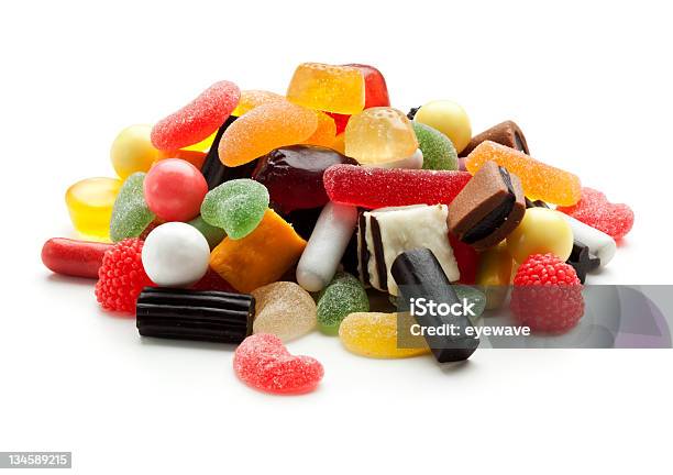 Jelly Beans Wine Gums And Liquorice Candy Stock Photo - Download Image Now - Candy, White Background, Heap