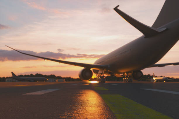 Empty airport at sunset Empty airport at sunset, 3D generated image, generic location. airplane hangar stock pictures, royalty-free photos & images