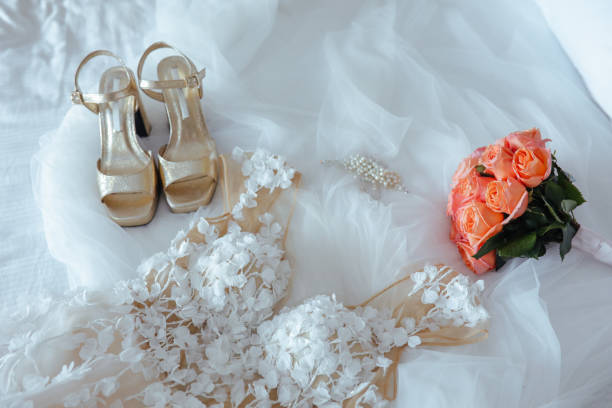 istock Bridal flower and bridal shoes 1345893733