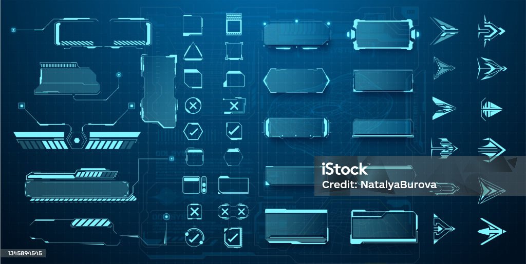 Футуристические элементы пользовательского интерфейса стрелка, кнопка, рамка. Голографические элементы пользовательского интерфейса hud, � - Векторная графика Технология роялти-фри Футуристические элементы пользовательского интерфейса стрелка, кнопка, рамка. Голографические элементы пользовательского интерфейса hud, � - Векторная графика Технология роялти-фри
