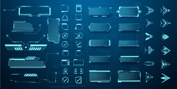 Futuristic user interface elements arrow, button, frame. Holographic elements of the hud user interface, high-tech panels. A set of illustrations of interface icon. Panels, hologram window or display Futuristic user interface elements arrow, button, frame. Holographic elements of the hud user interface, high-tech panels. speed borders stock illustrations