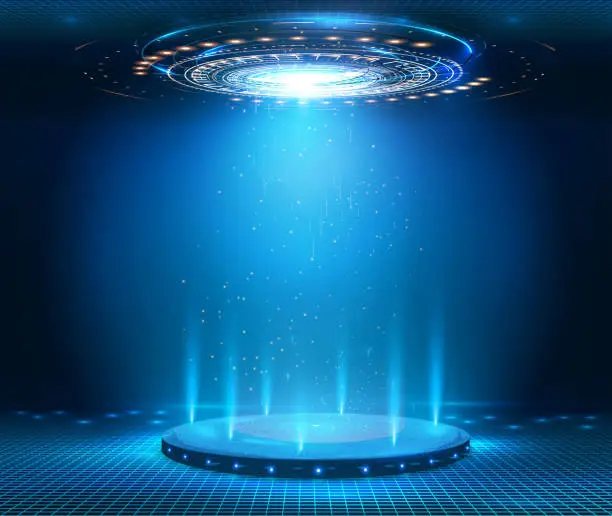 Vector illustration of Fantastic Circle portals magic, holograms teleport gadgets. Light effect with blue beam and glowing particles. Isolated circles and luminous rays. projector, magic portal, circle teleport podium